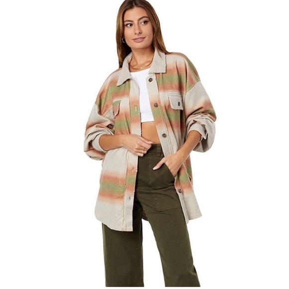 Free People Printed Ruby Shacket Long Sleeve Distressed Mazipan Combo XS - Picture 1 of 15
